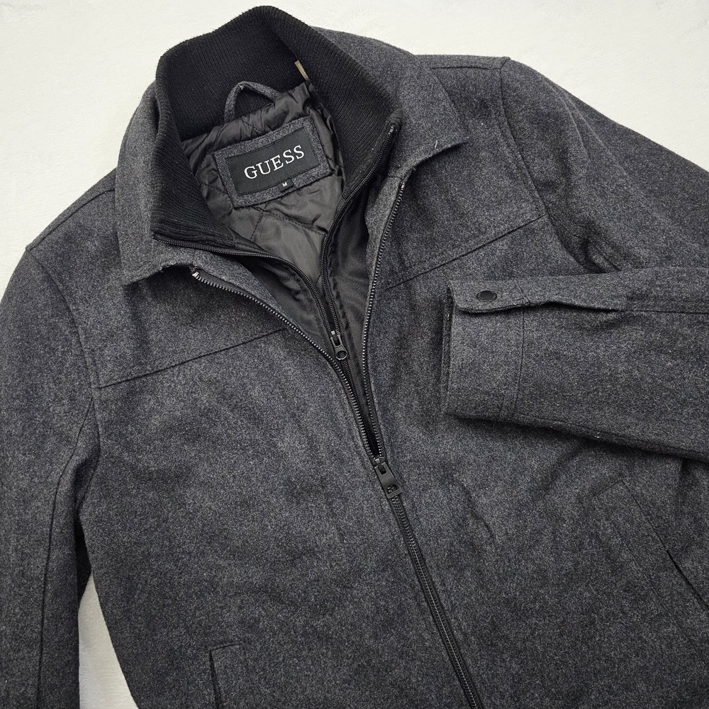 GUESS Mens Medium Wool Blend Jacket Charcoal Gray Quilted Lining Button Zip Coat